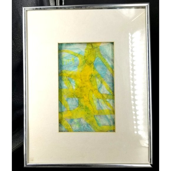 Woman Dancer Nude Watercolor Rice Fiber Paper Art Paint Yellow Blue Frame 14"
